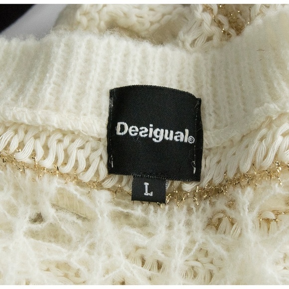 Desigual Gold Cream Open Knit Plunge Sweater L - Picture 3 of 5